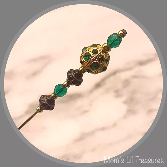 Green Glass Crystal Gold Ball Rhinestone Accents - 8” • Hatpin • 4/12 - Picture 6 of 12